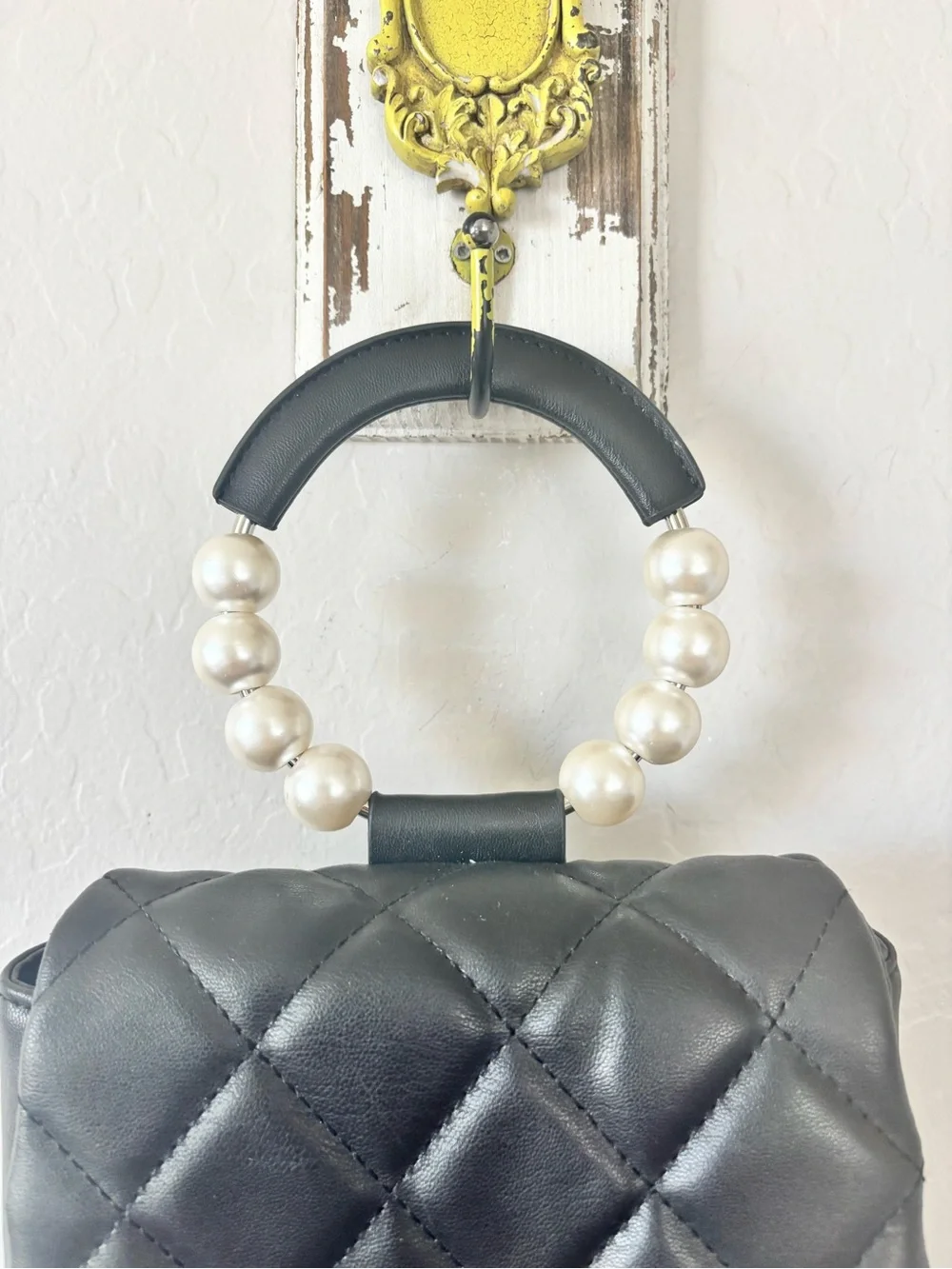 Badgley Mischka Black Quilted Pearl-Handle Crossbody
